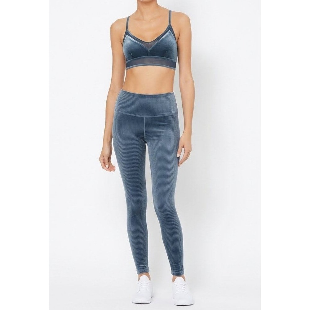 Alo Yoga Luxe Bra Top Leggings Set in Eclipse Blue Stretch Velvet Size Medium